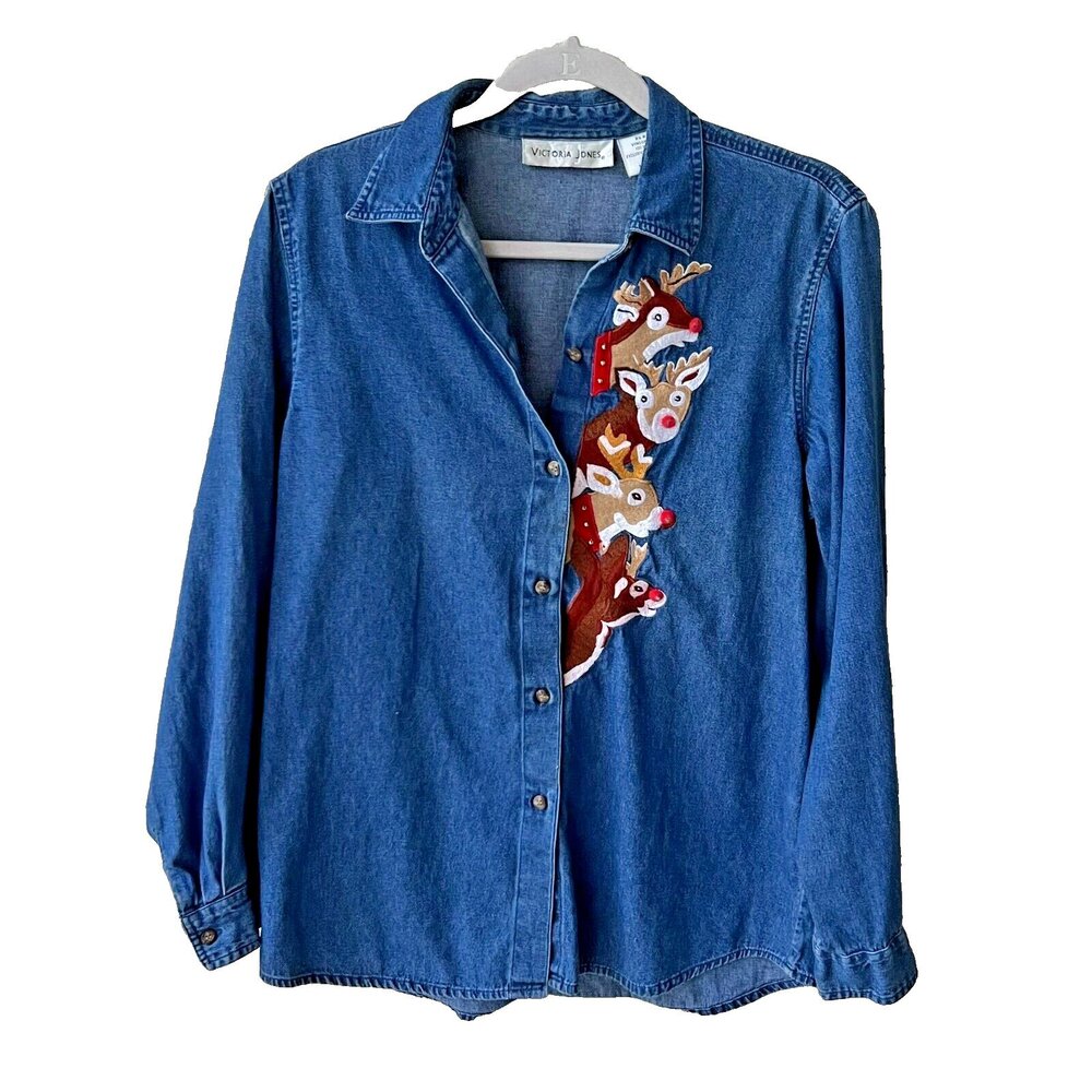 Victoria Jones - Women’s Small Blue Denim Shirt Christmas Reindeer Embroidered